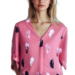 Women’s Gomorn Relaxed Blouse Short Sleeve Buttoned-Down Top Feathers Print